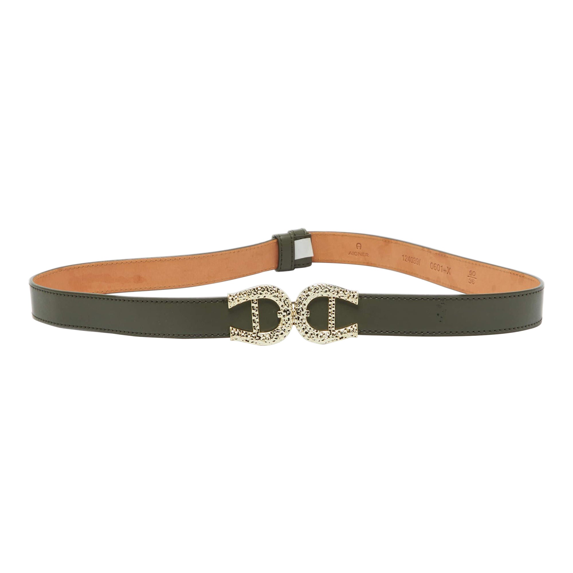 Aigner Olive Green Leather Logo Buckle Belt 90CM For Sale