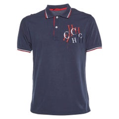 CH Carolina Herrera Marineblaues Logo besticktes Baumwoll-Polo-T-Shirt aus Baumwolle L