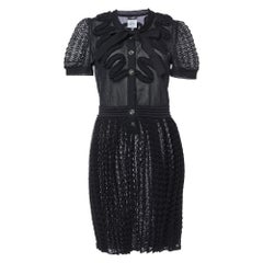 Chanel Black Patterned Knit Neck Tie Detailed Short Dress M