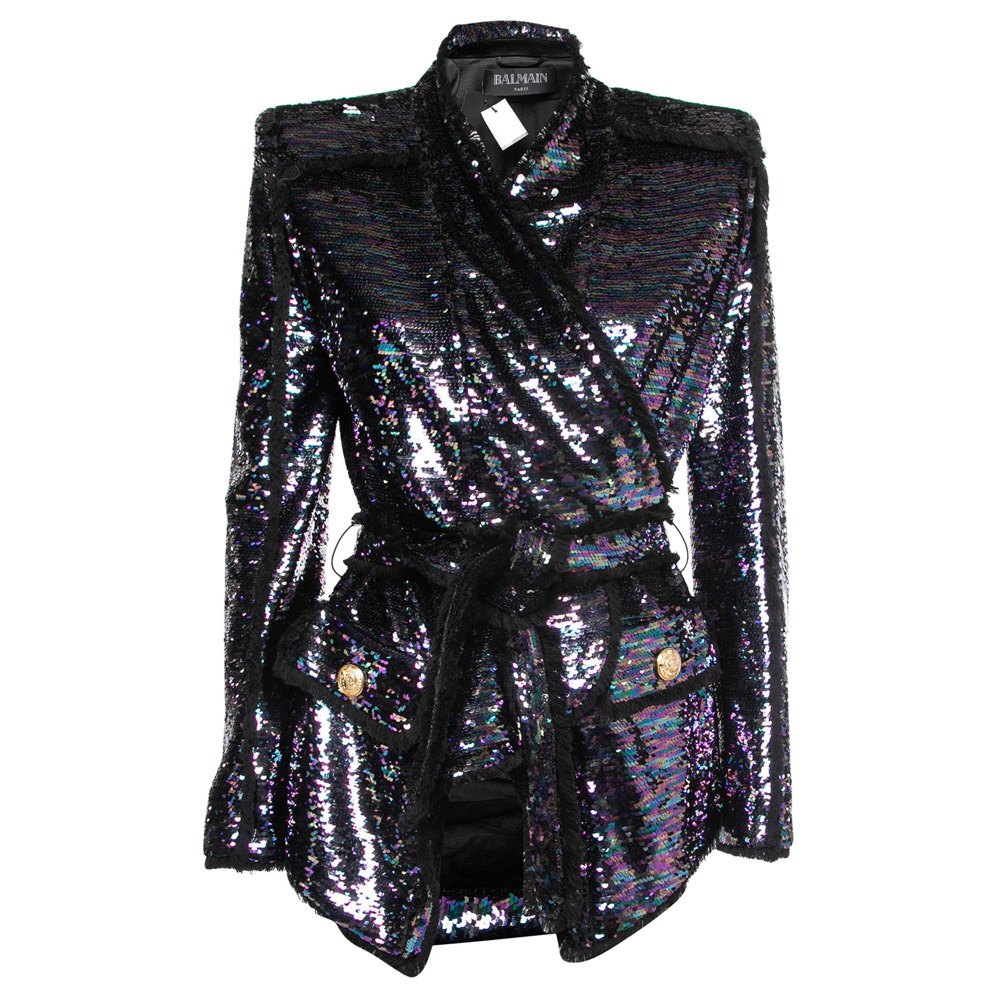 Balmain Purple Sequined Frayed Belted Blazer M For Sale