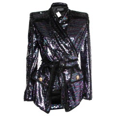 Balmain Purple Sequined Frayed Belted Blazer M