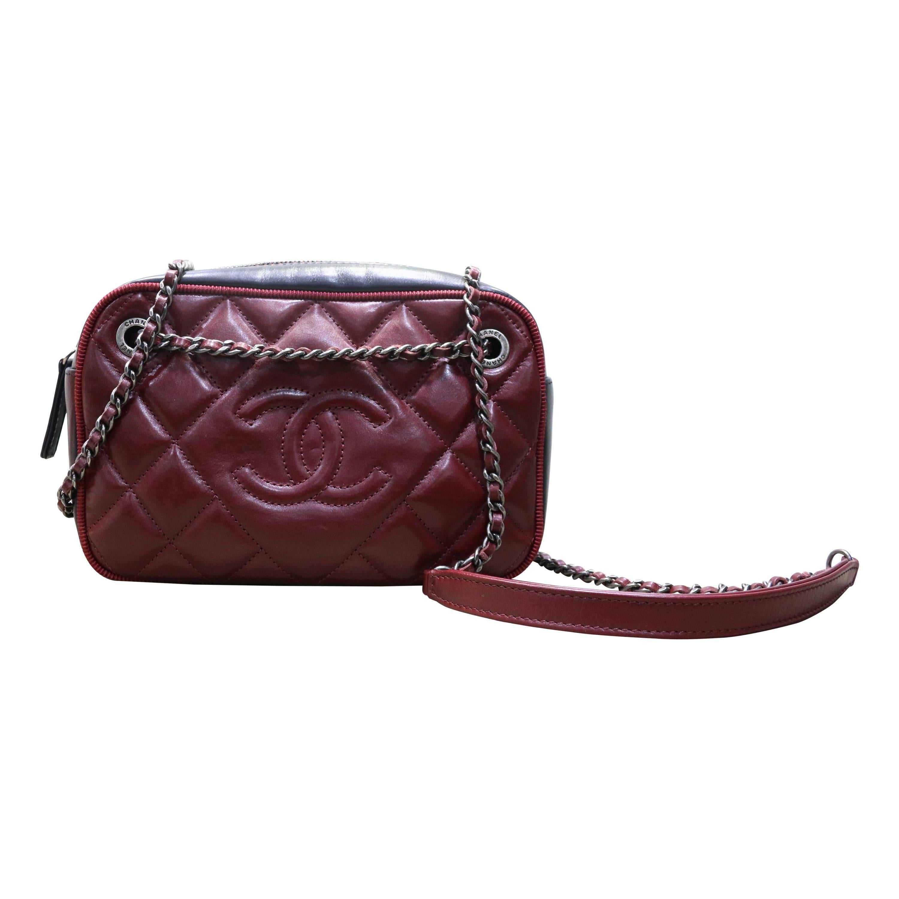 Chanel Burgundy/Black Quilted Diamond Ballerine Ribbon Small Camera