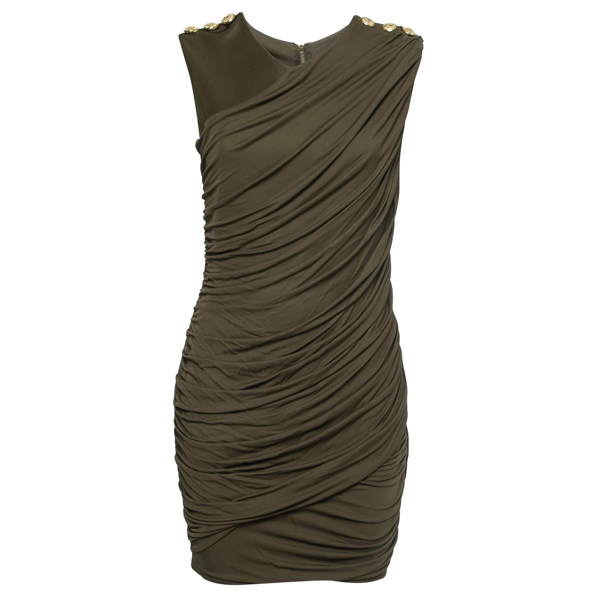 Balmain Olive Green Stretch Knit Ruched Mini Dress M For Sale