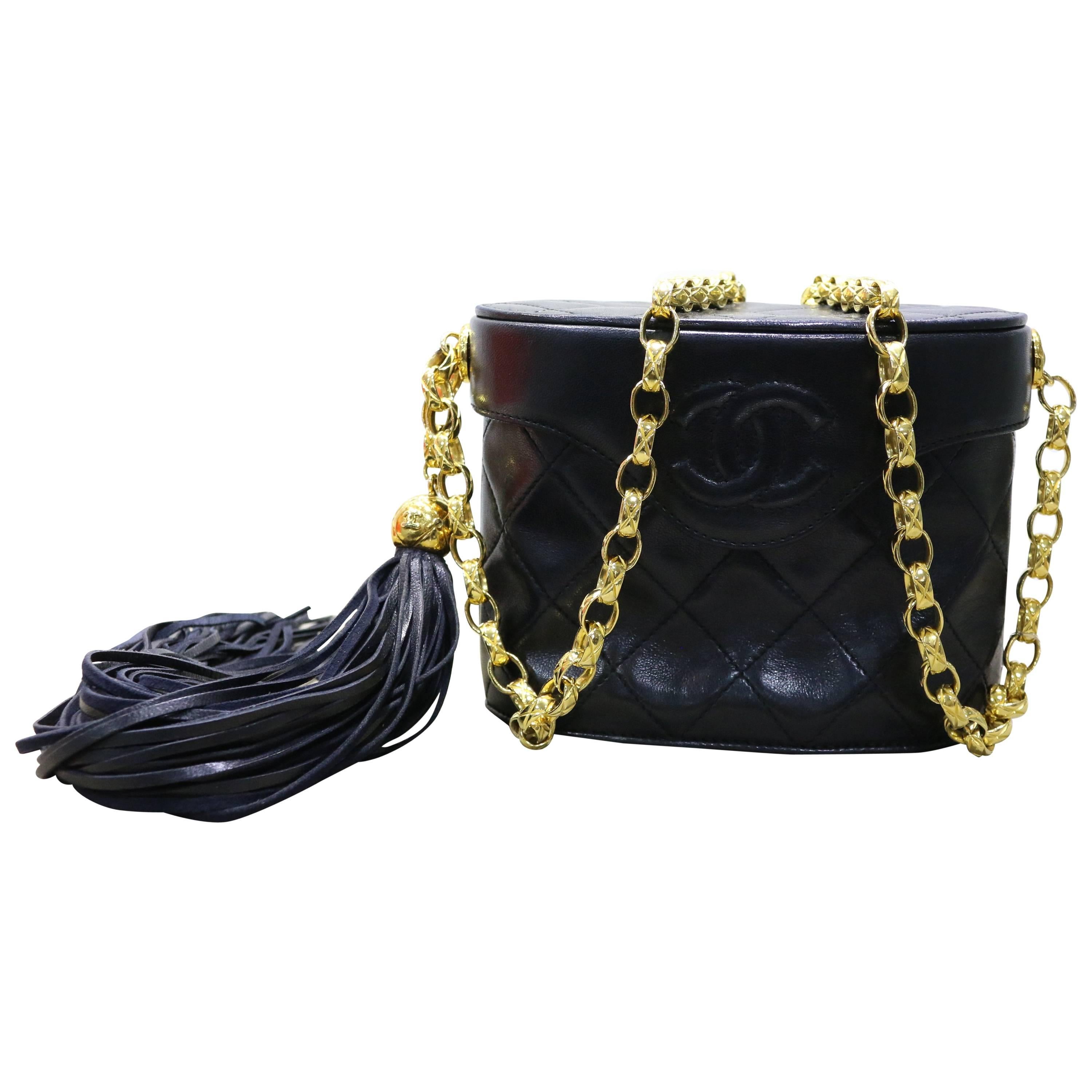 Chanel Black Quilted Lambskin "CC" Logo Gold Chain Shoulder Bag with Tassel 