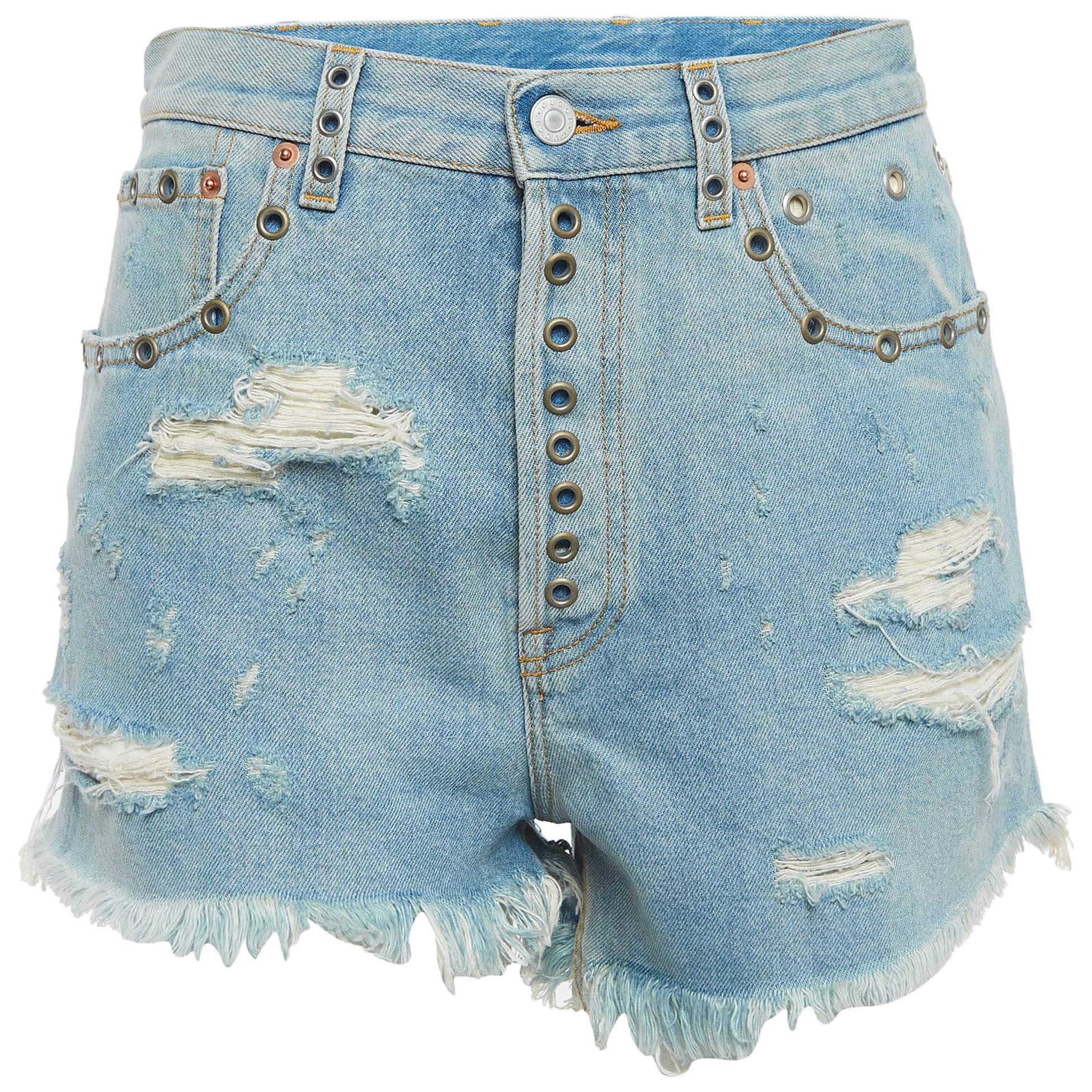 Blaue Distressed Denim-Shorts mit Verzierungen von Gucci in Distressed, M-Taille 29"