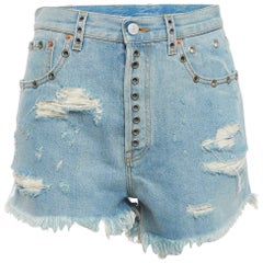 Gucci Pantalones cortos de tela vaquera azul desgastada con adornos M Cintura 29
