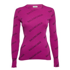 Balenciaga Purple Logo Print Rib Knit Full Sleeve T-Shirt S
