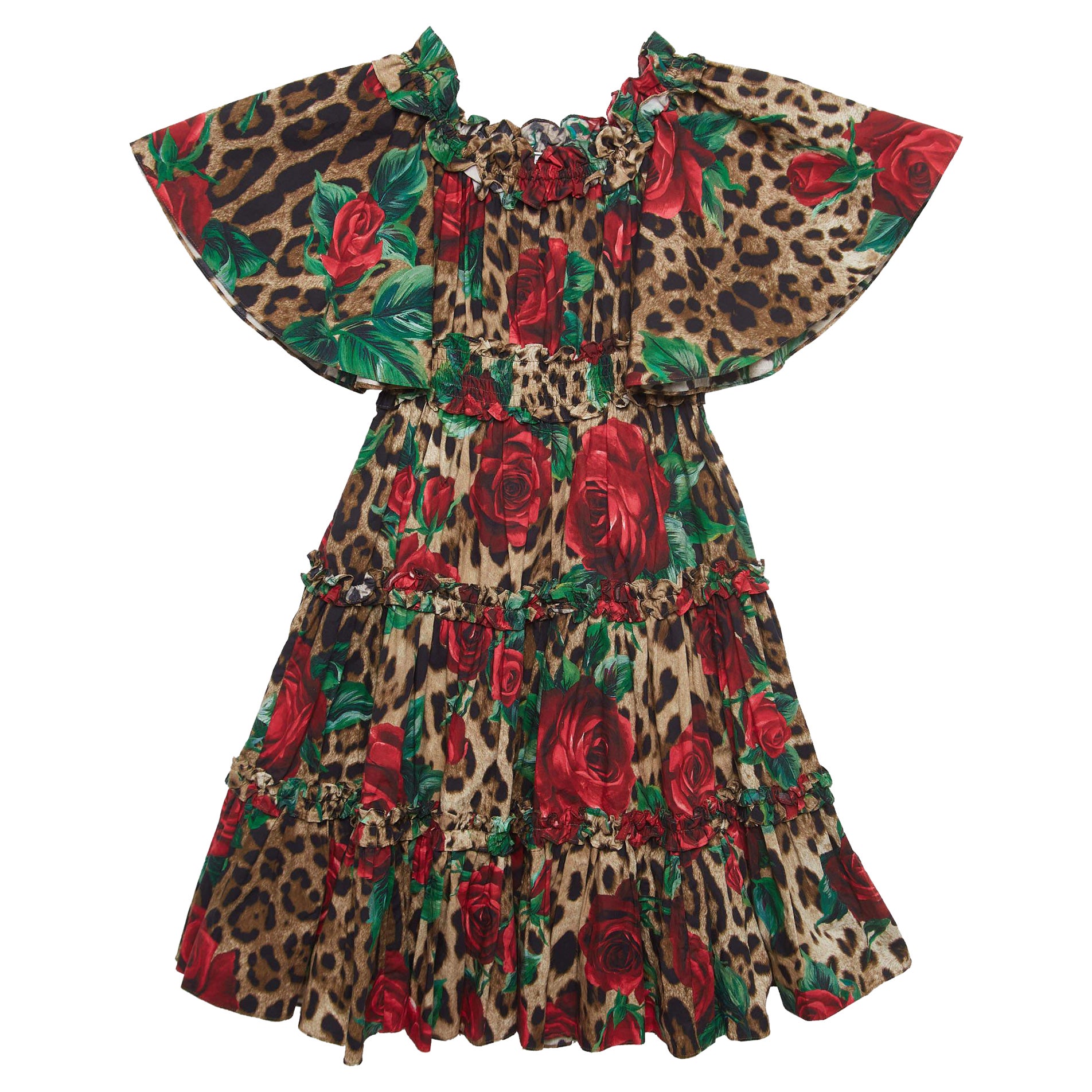 Dolce & Gabbana Brown Rose Leopard Print Cotton Poplin Dress (6 Yrs) For Sale