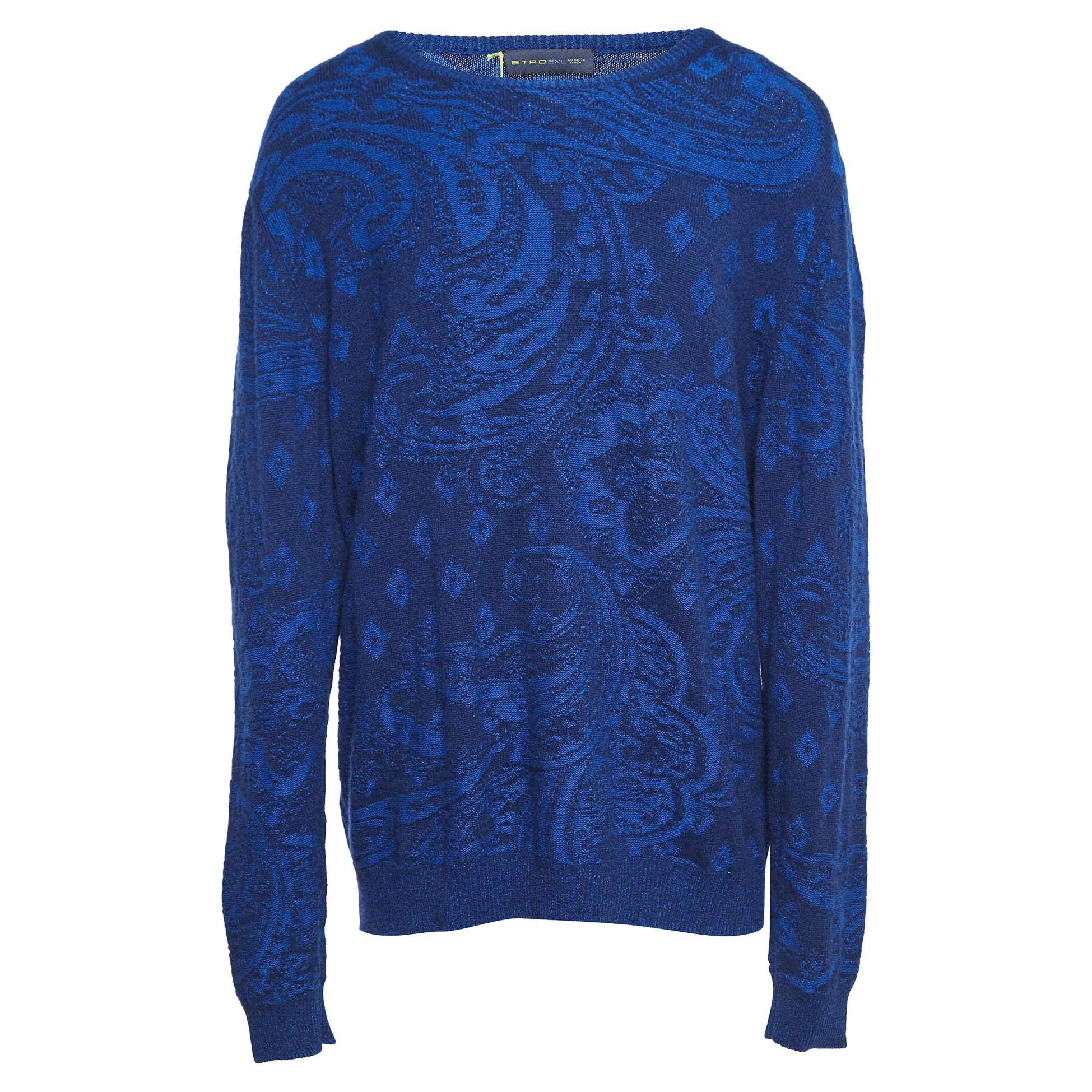 Etro Blue Paisley Knit Crew Neck Sweater XXL