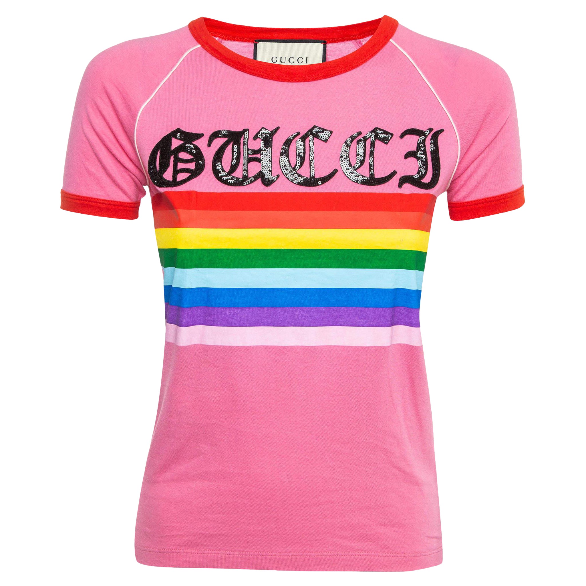 Gucci Maglietta in cotone con stampa arcobaleno rosa XS