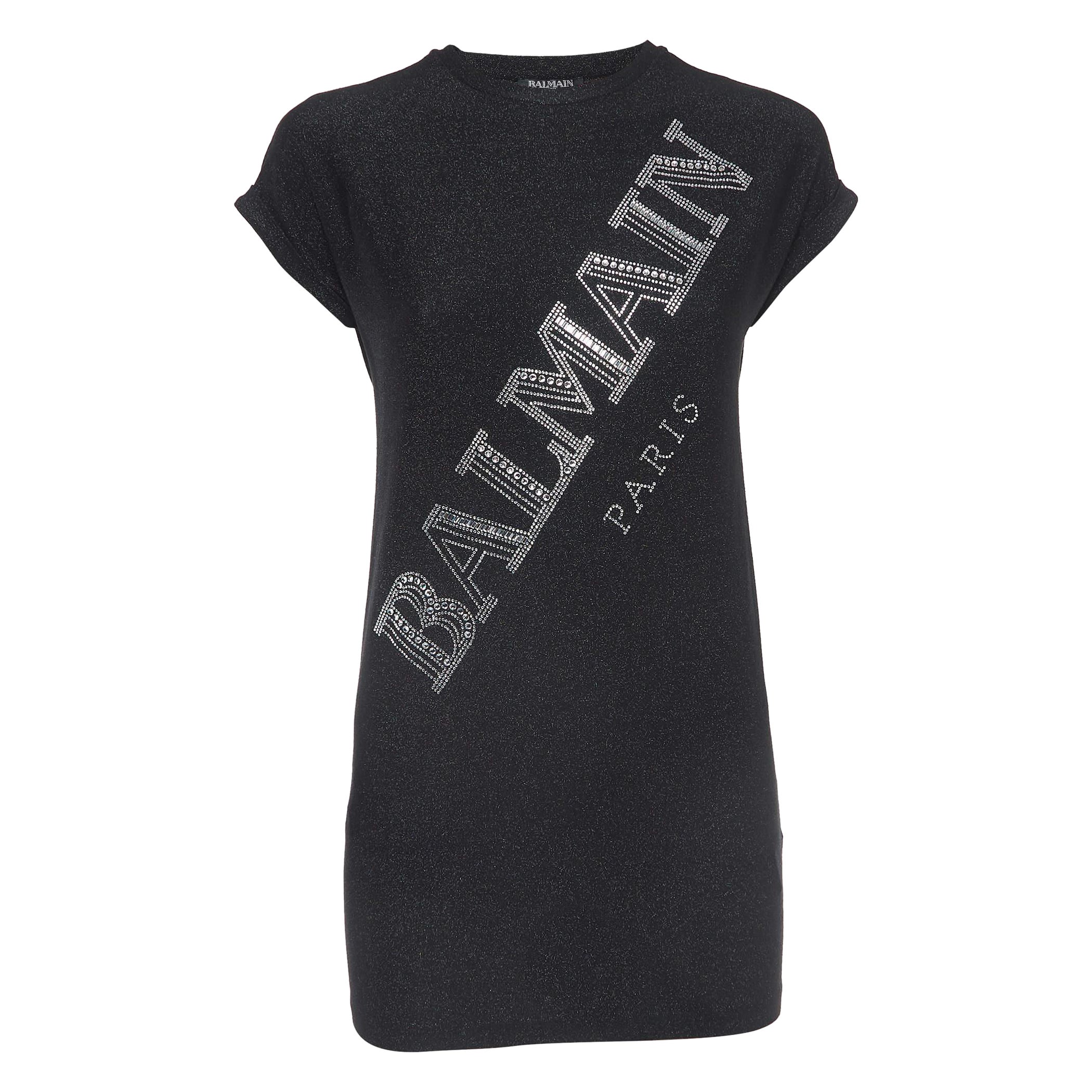 Balmain Black Glitter Jersey Crystal Embellished Logo T-Shirt Dress (10 Yrs) For Sale