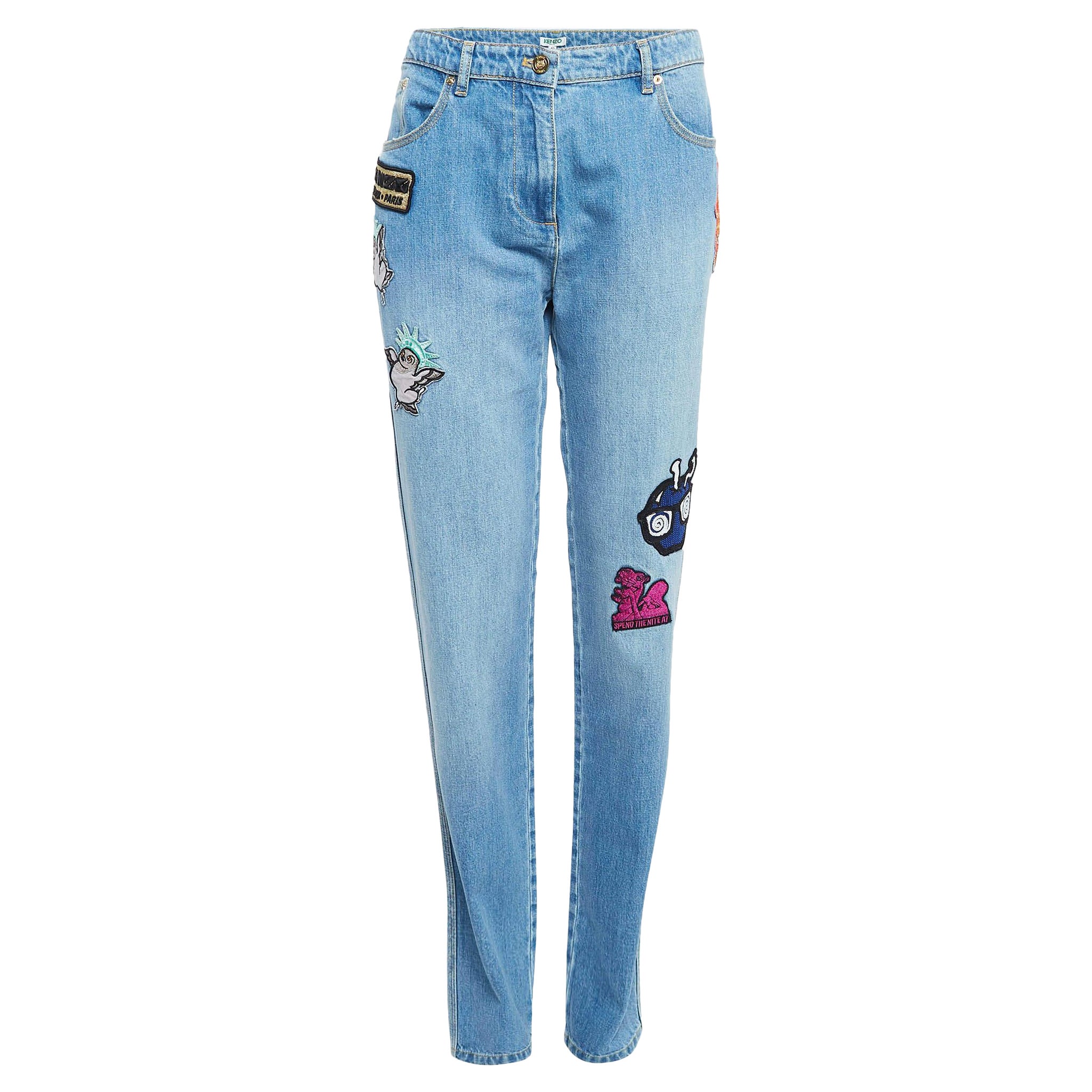 Kenzo Blue Applique Detail Denim Boyfriend Jeans M Waist 32"