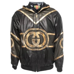 Gucci Dapper Dan Black & Gold Leather Logoed Hooded Jacket M
