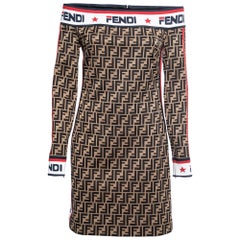 Fendi Brown Zucca Jacquard Knit Logo Tape Trimmed Off-Shoulder Dress M