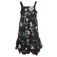 Dolce & Gabbana Schwarzes Kleid aus Baumwoll-Poplin mit Rosendruck (11-12 Yrs)
