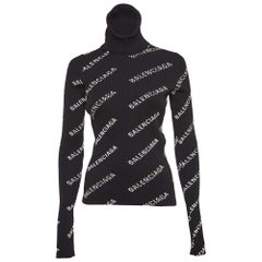 Balenciaga Black Logo Print Rib Knit Turtleneck Sweater M