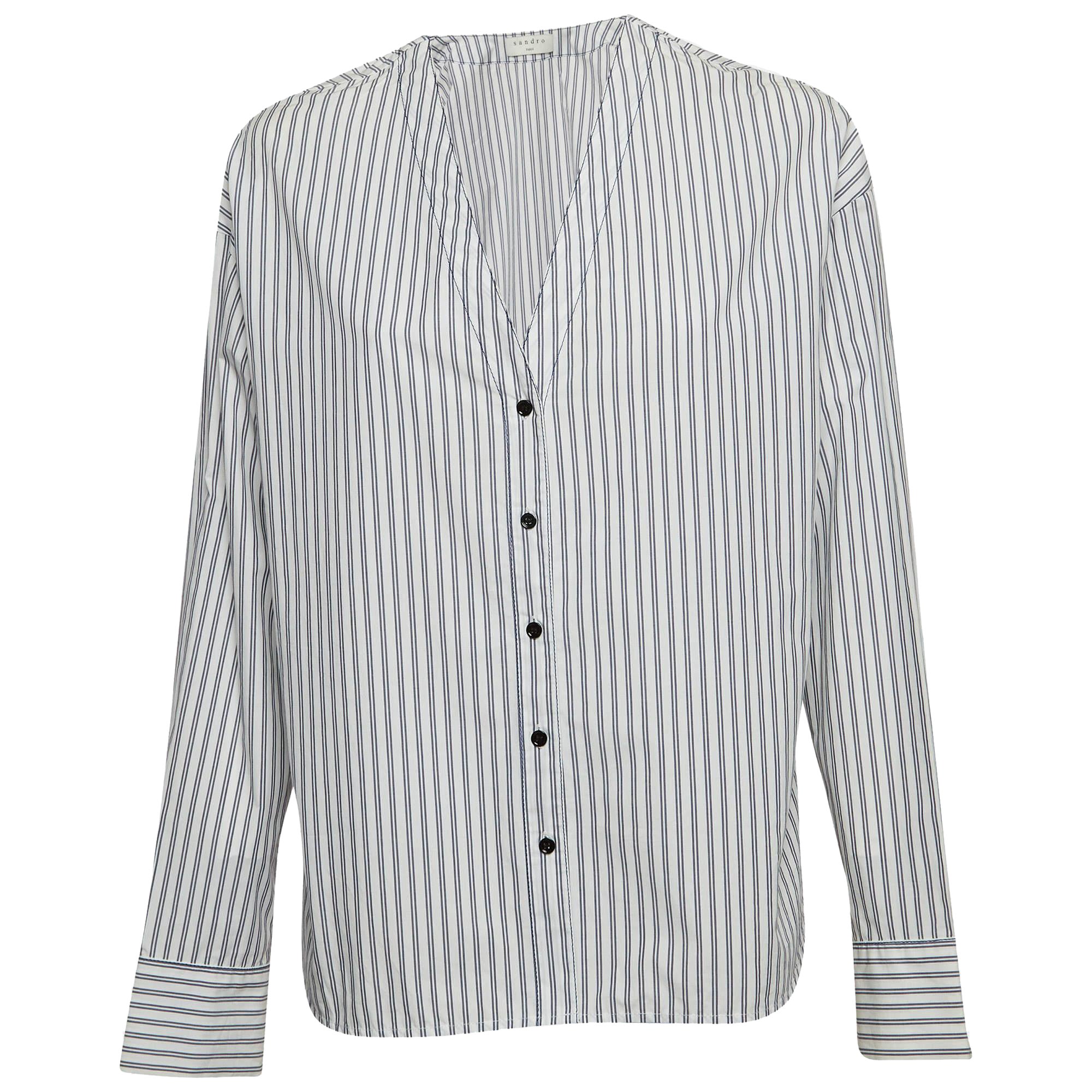 Sandro White Pinstripe V-Neck Top L For Sale