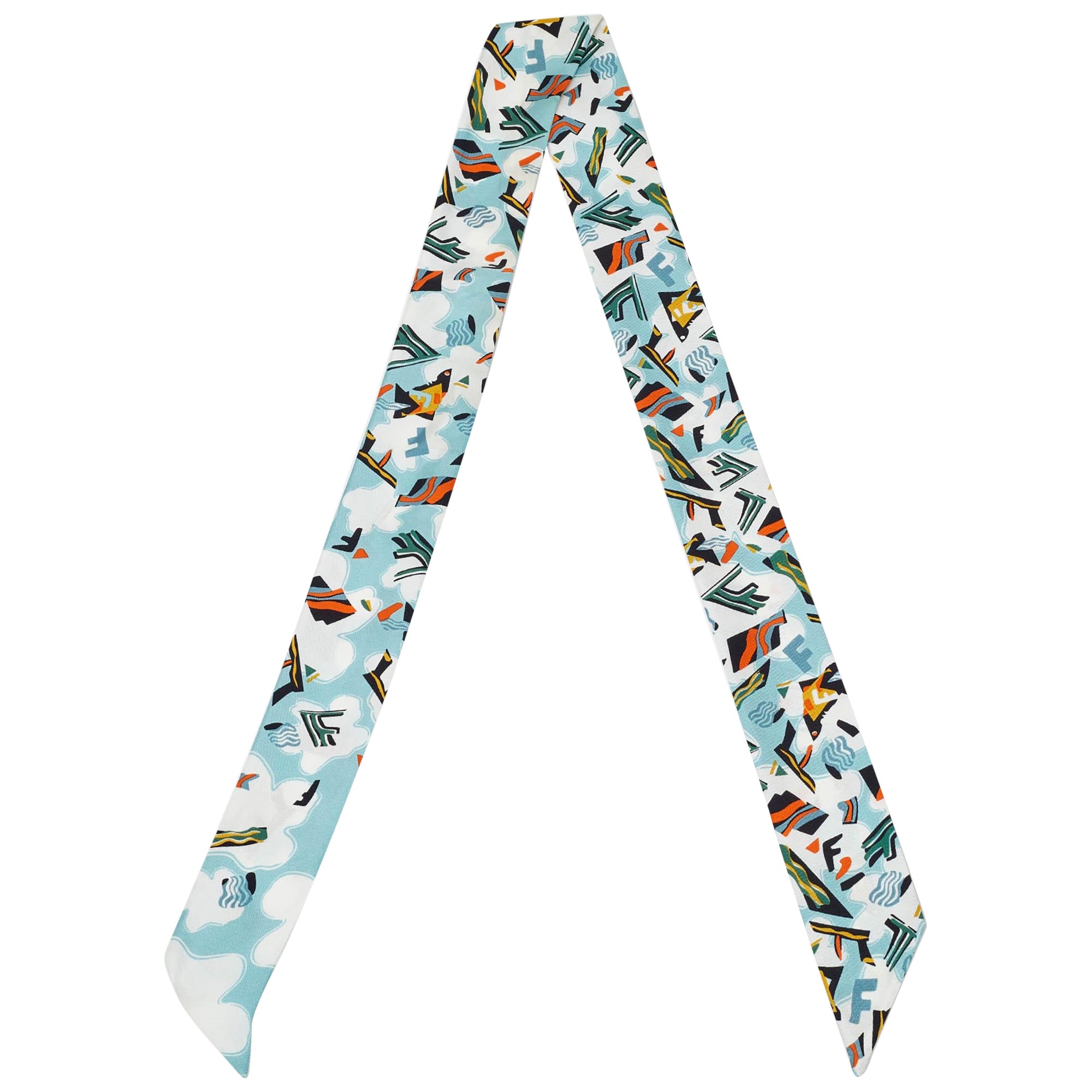 Fendi Teal Blue Printed Silk Bandeau Scarf For Sale