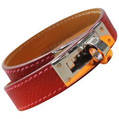 Hermes Red Kelly Double Tour Leather Bracelet In Silver Toned Hardware 