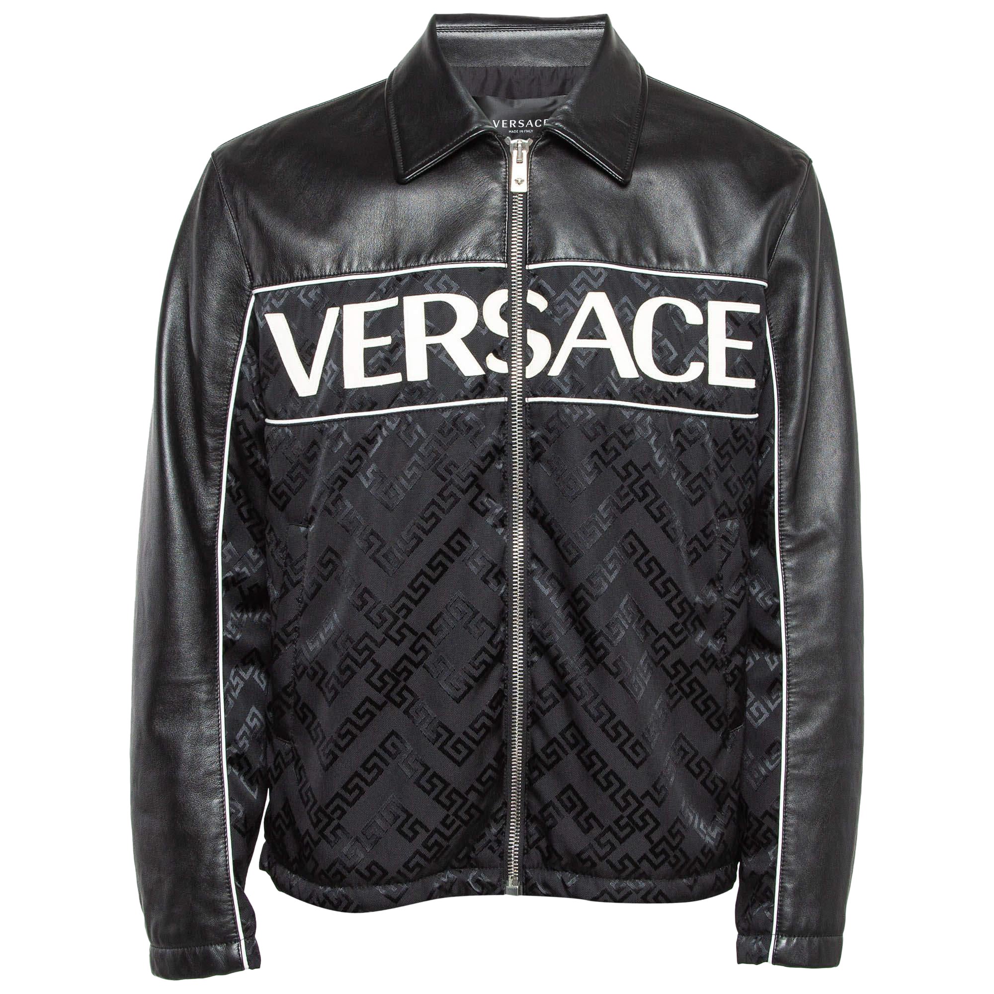 Versace Black Logo Applique Leather and Nylon Blouson Jacket L For Sale