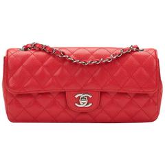 2000s Chanel Red Quilted Caviar Leather East West Classic Single Flap Bag