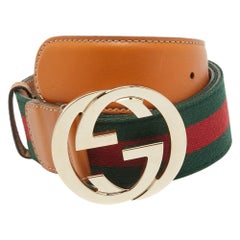 Gucci Tan Leather and Web Canvas Interlocking G Buckle Belt 95 CM
