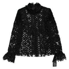 Anna Sui Black Lace Ruffle Trimmed Long Sleeve Blouse M