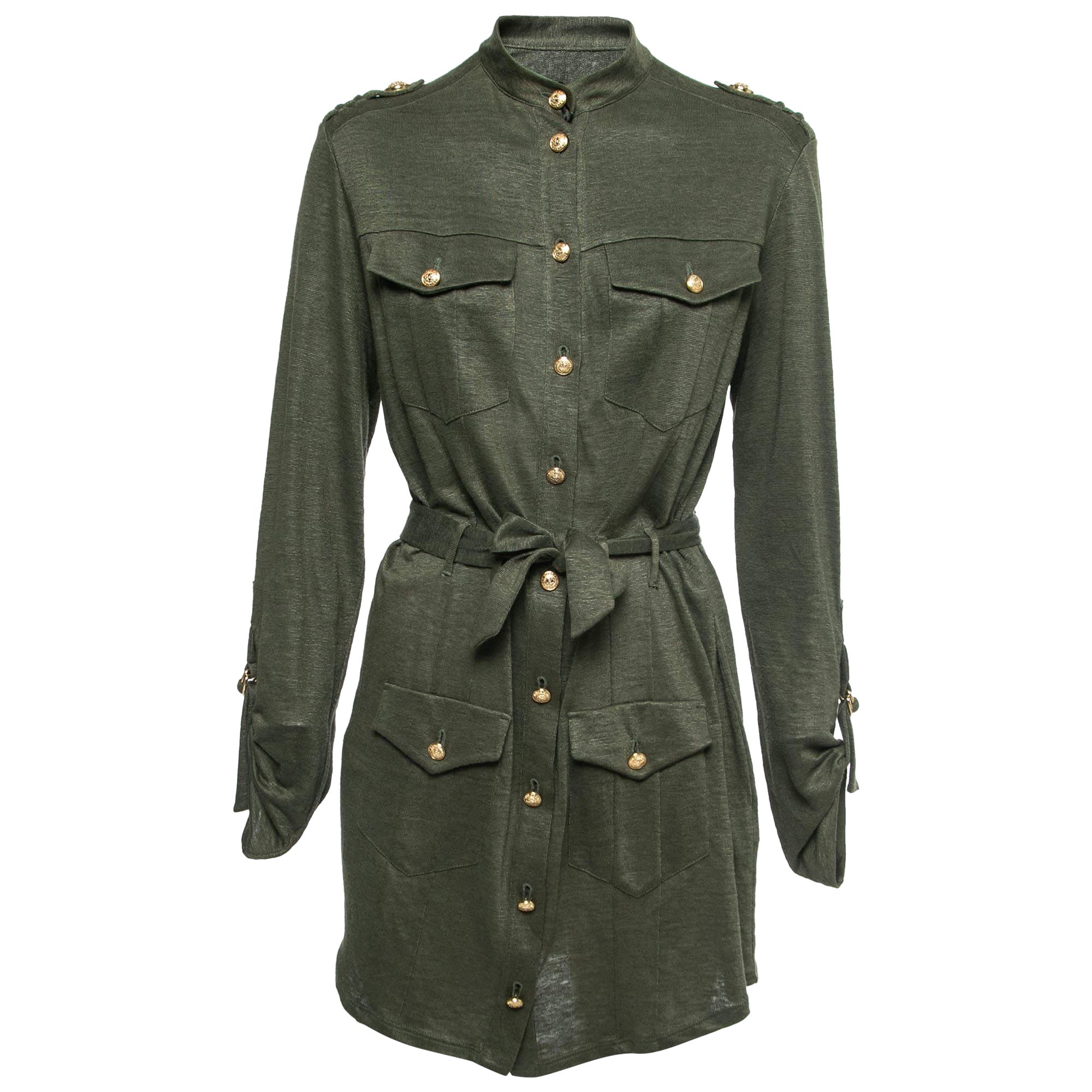 Balmain Kaki Green Knit Button-Embellished Belted Mini Dress M in vendita