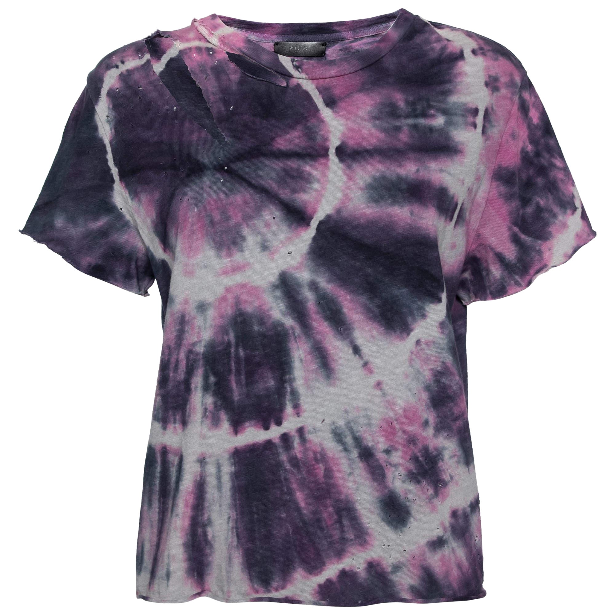 Amiri Purple Tie Dye Printed Cotton Distressed Crew Neck Top L For Sale