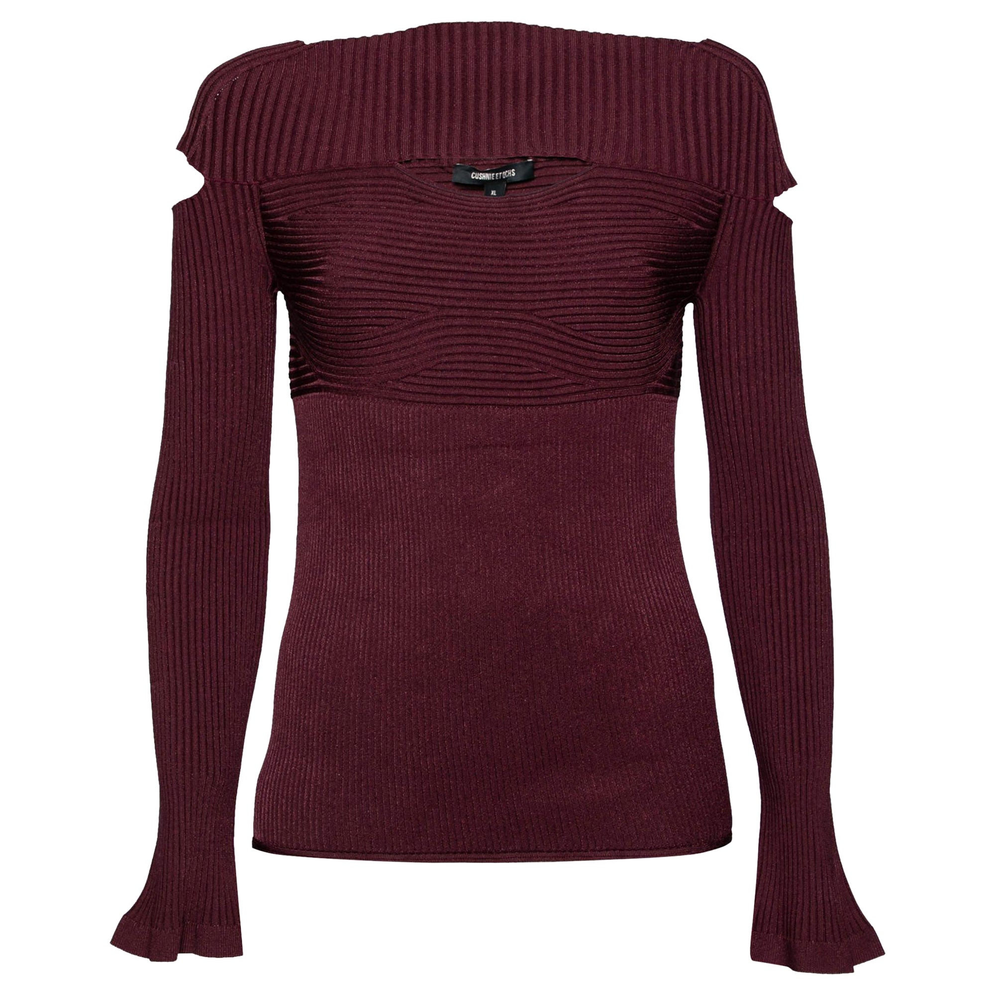 Cushnie et Ochs Burgunder Rippenstrick Pullover mit Ausschnitt XL