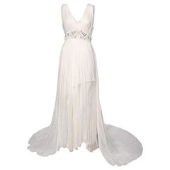 Needle & Thread White Chiffon Crystal Embellished Plunging Neck Tulle Dress M