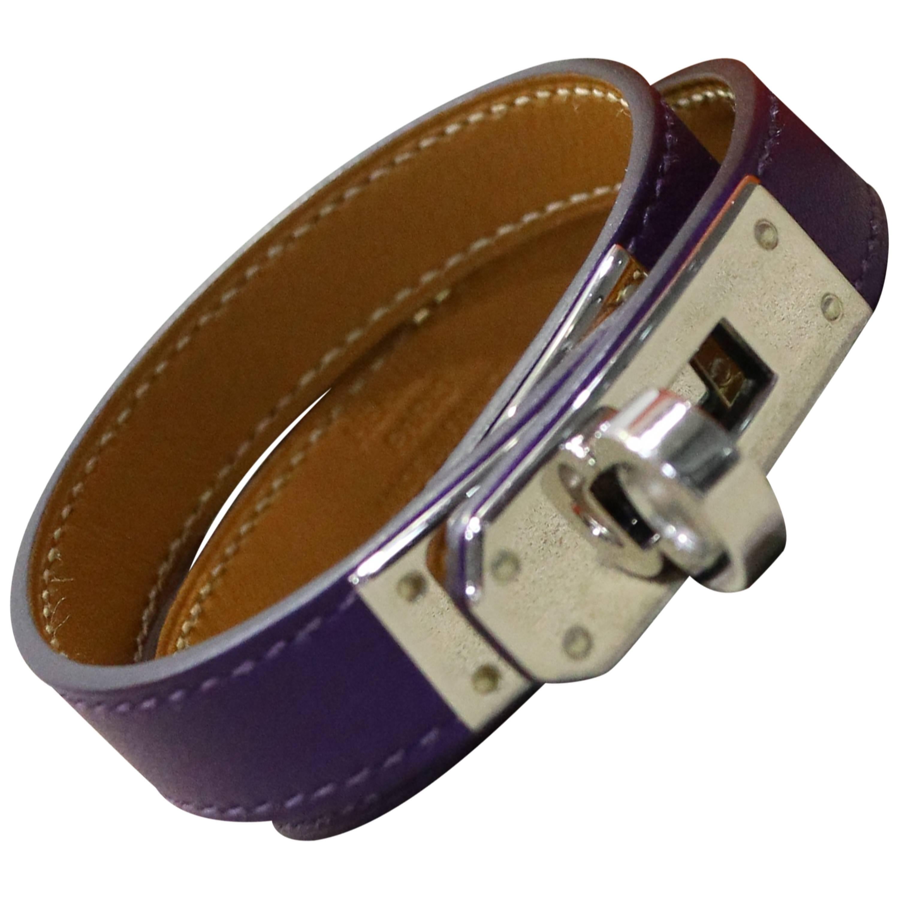 Hermes Purple Kelly Double Tour Leather Bracelet In Silver Toned Hardware 
