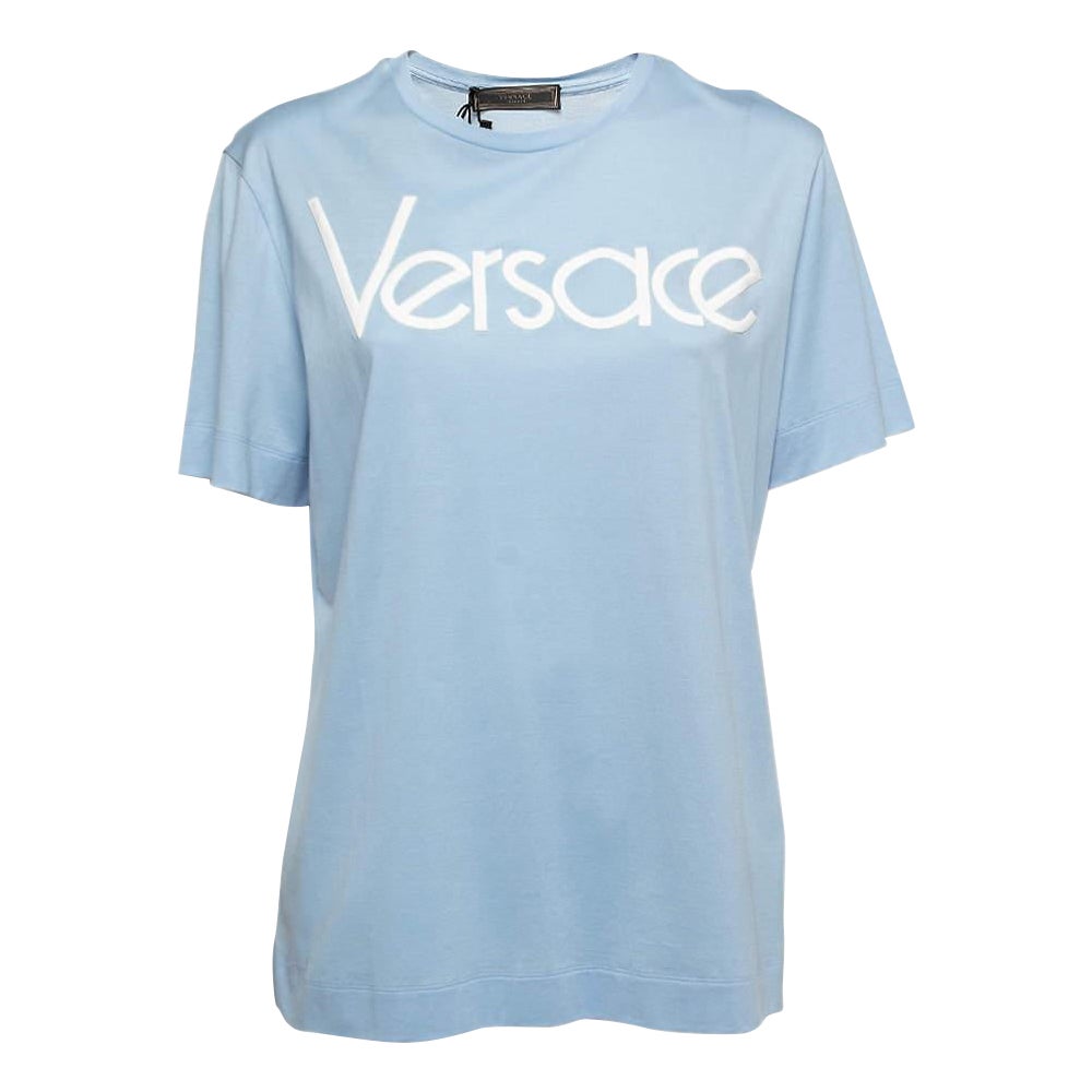 Versace Light Blue Cotton Logo Embroidered Tribute T-Shirt M For Sale