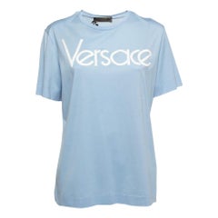 Versace Maglietta Tributo ricamata con logo in cotone azzurro M. T. I.