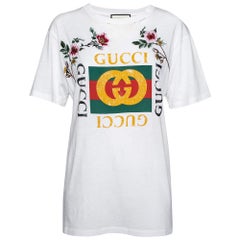 Gucci White Logo Printed & Embroidered Cotton Distressed T-Shirt XS