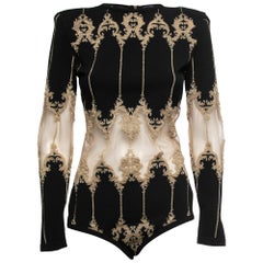 Balmain - Body a pannelli in tulle metallizzato in maglia elastica nera L.L.A.