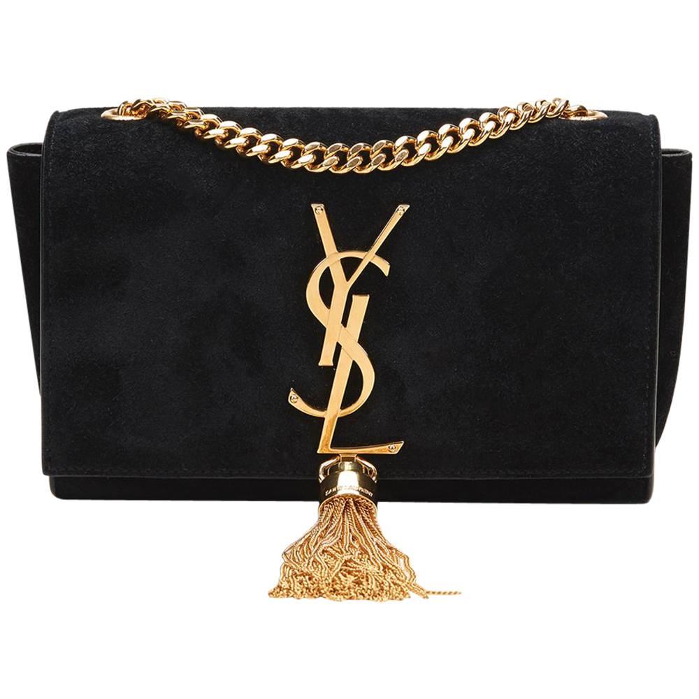 2010s Saint Laurent Black Suede Small Monogram Kate Tassel Satchel