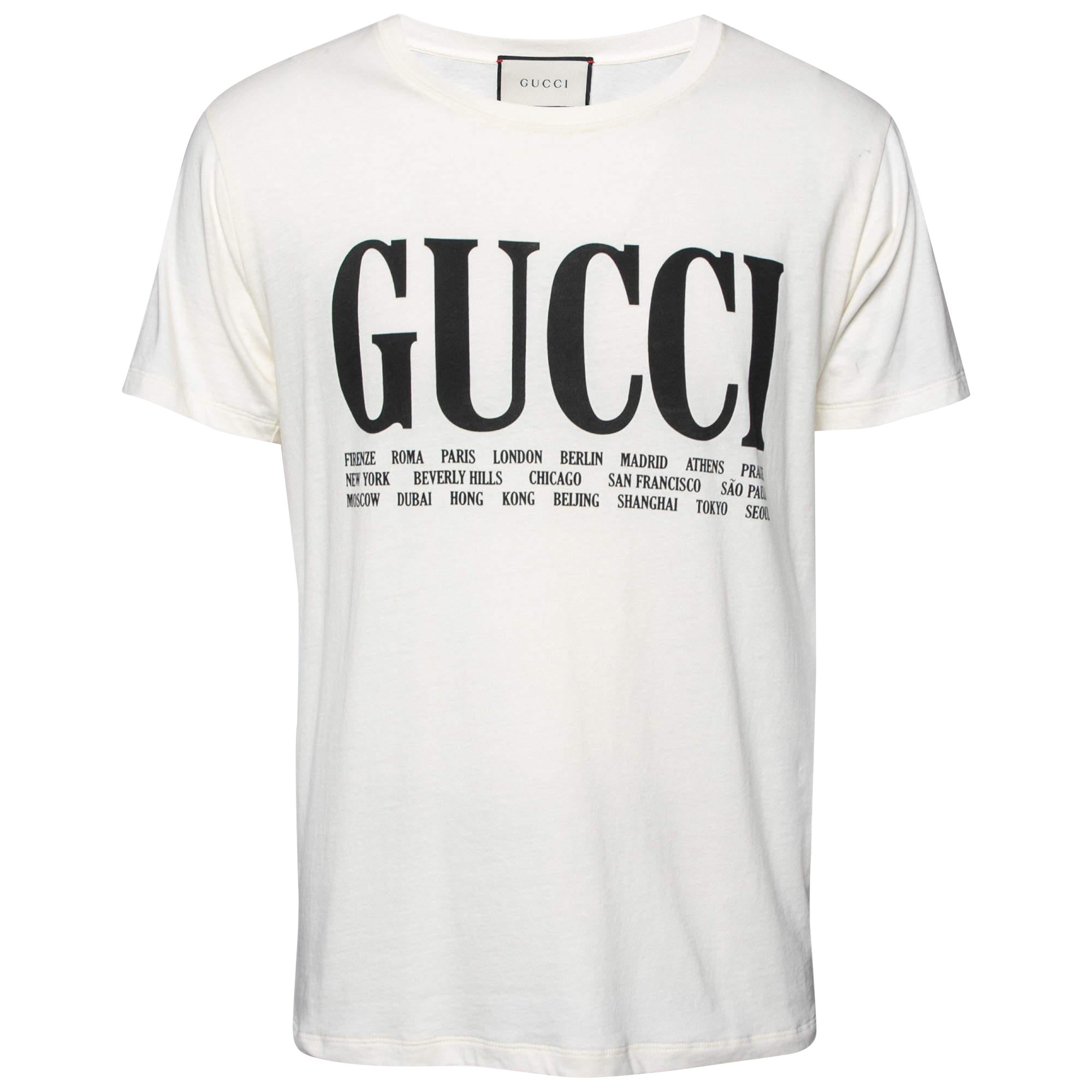 Gucci Cream Cotton Logo and Cities Printed Crewneck Short Sleeves T-Shirt S For Sale