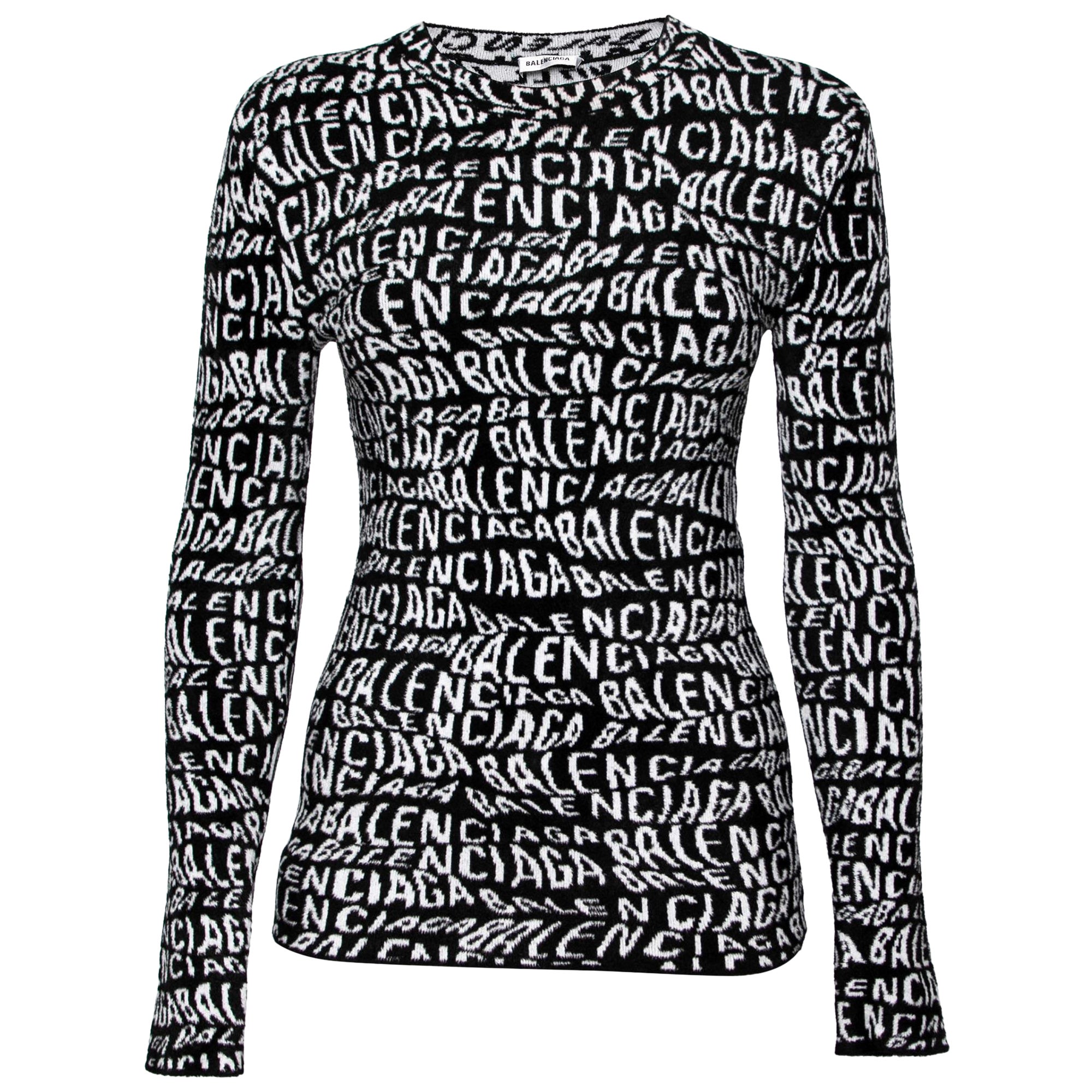 Balenciaga White & Black Wavy Logo Knitted Crew Neck Top XS en vente