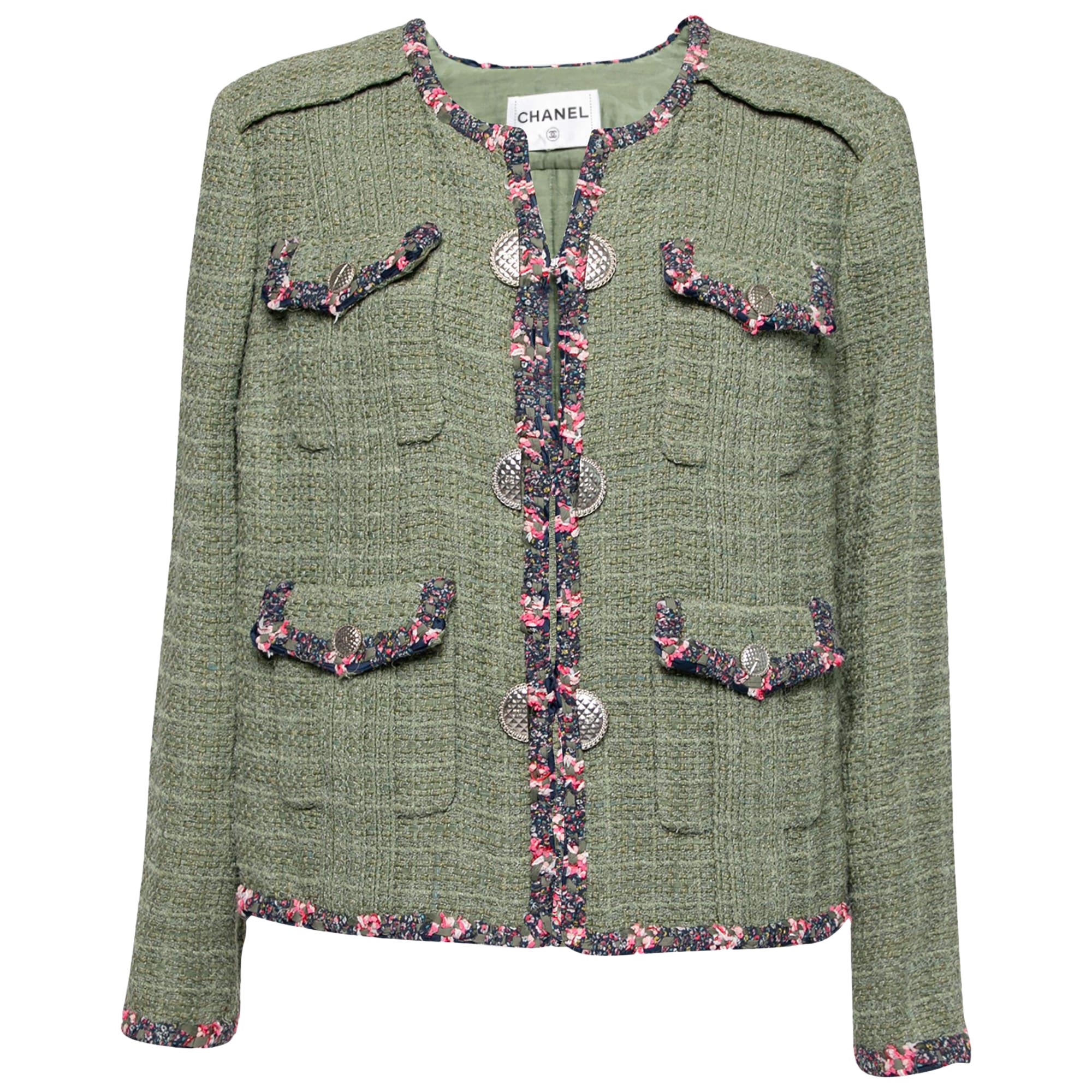 Giacca con bottoni in tweed fantasia verde Chanel XXL