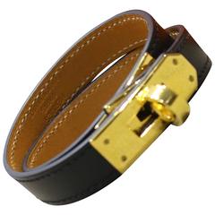 Hermes Black Kelly Double Tour Leather Bracelet In Gold Toned Hardware 