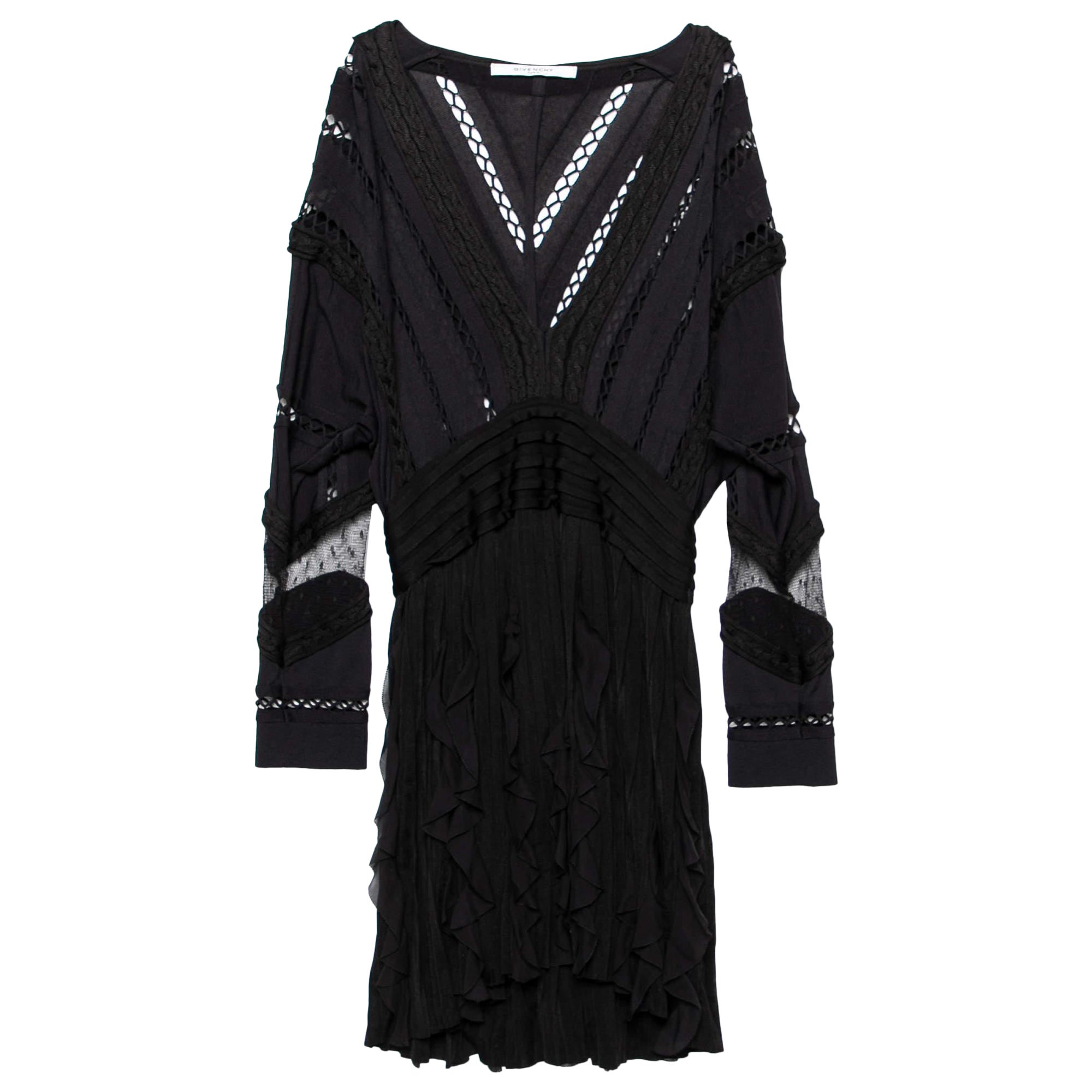 Givenchy Black Patterned Knit Ruffle Trimmed Dress M For Sale