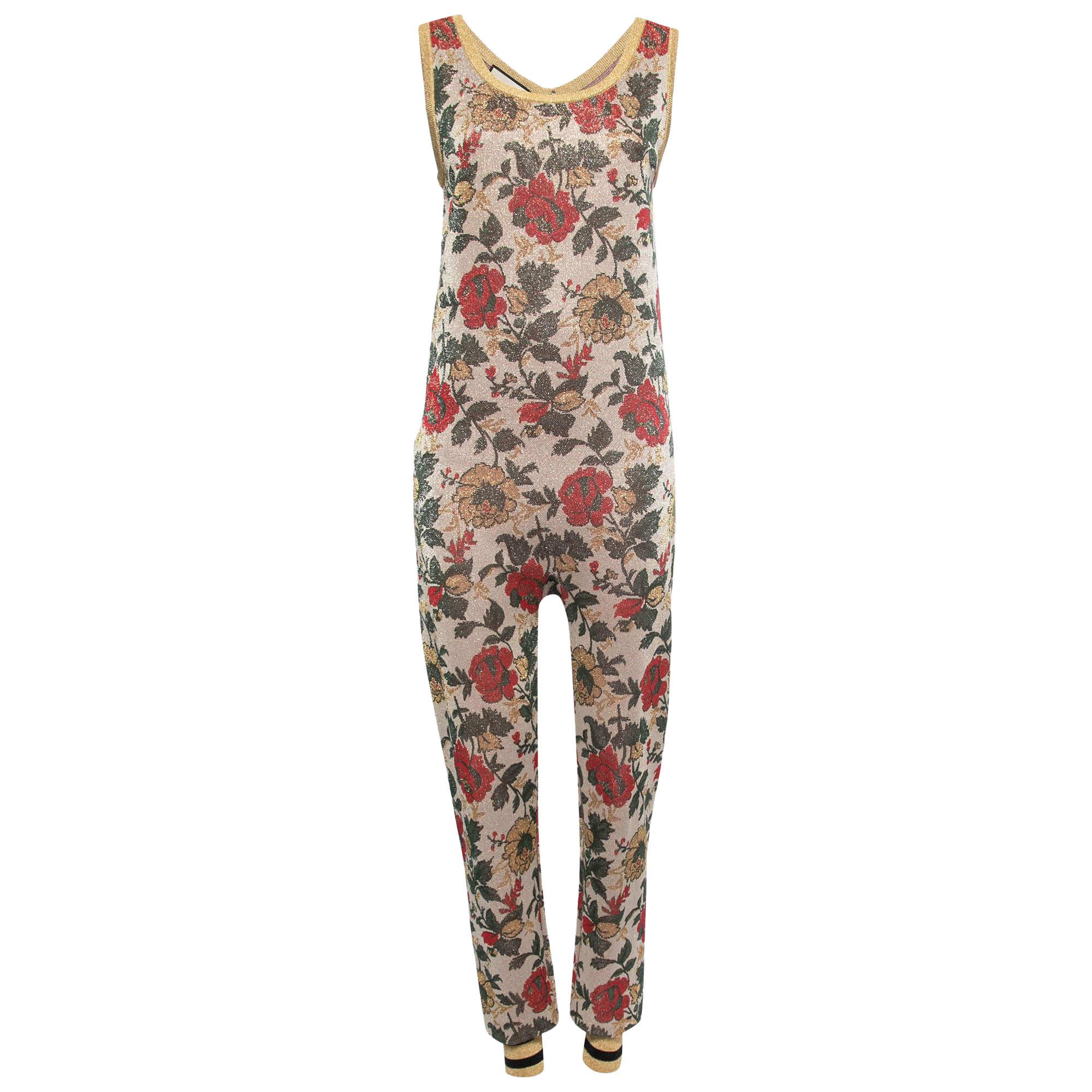 Gucci Gold Multicolor Floral Lurex Knit Jumpsuit L For Sale