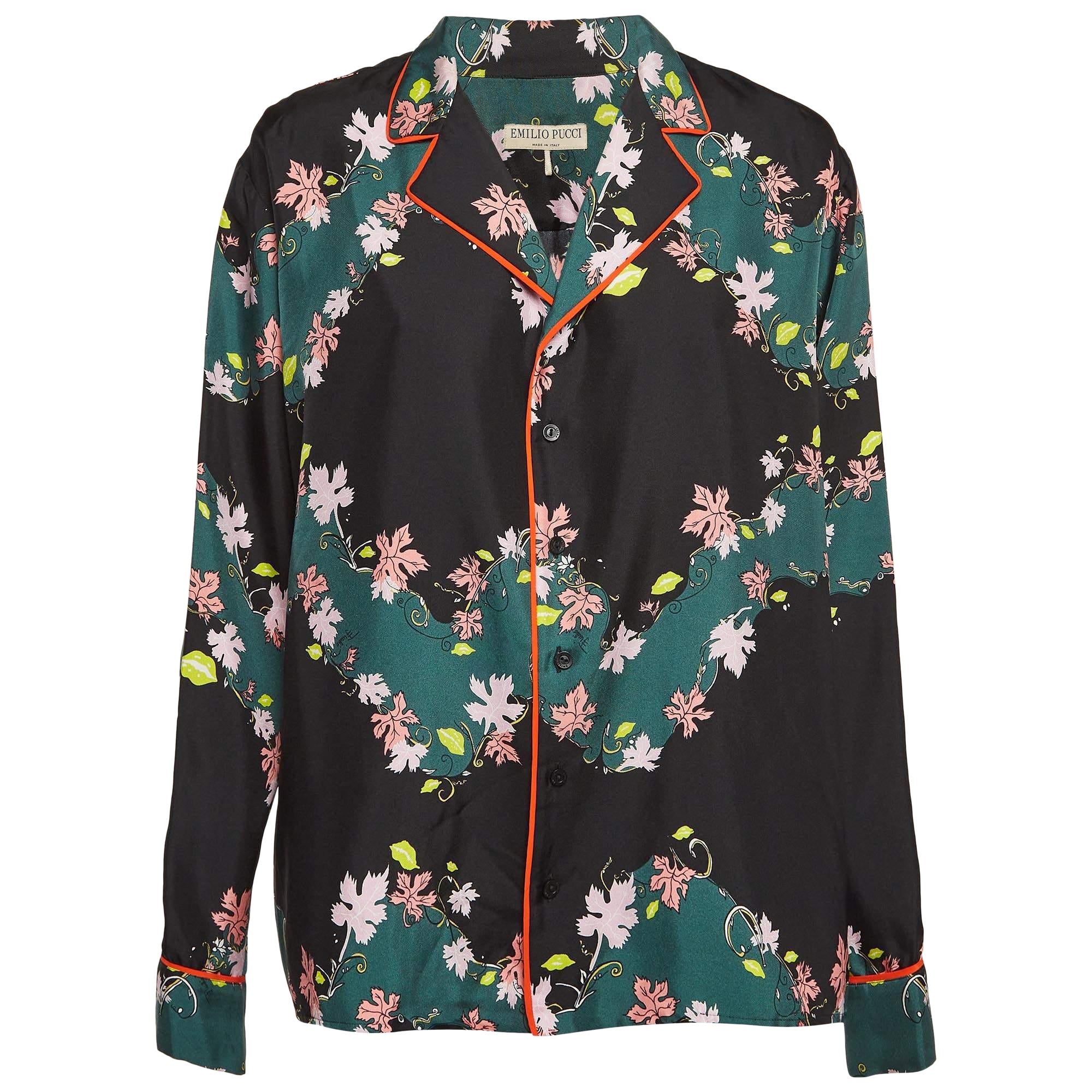 Emilio Pucci Green/Black Printed Silk Shirt S For Sale