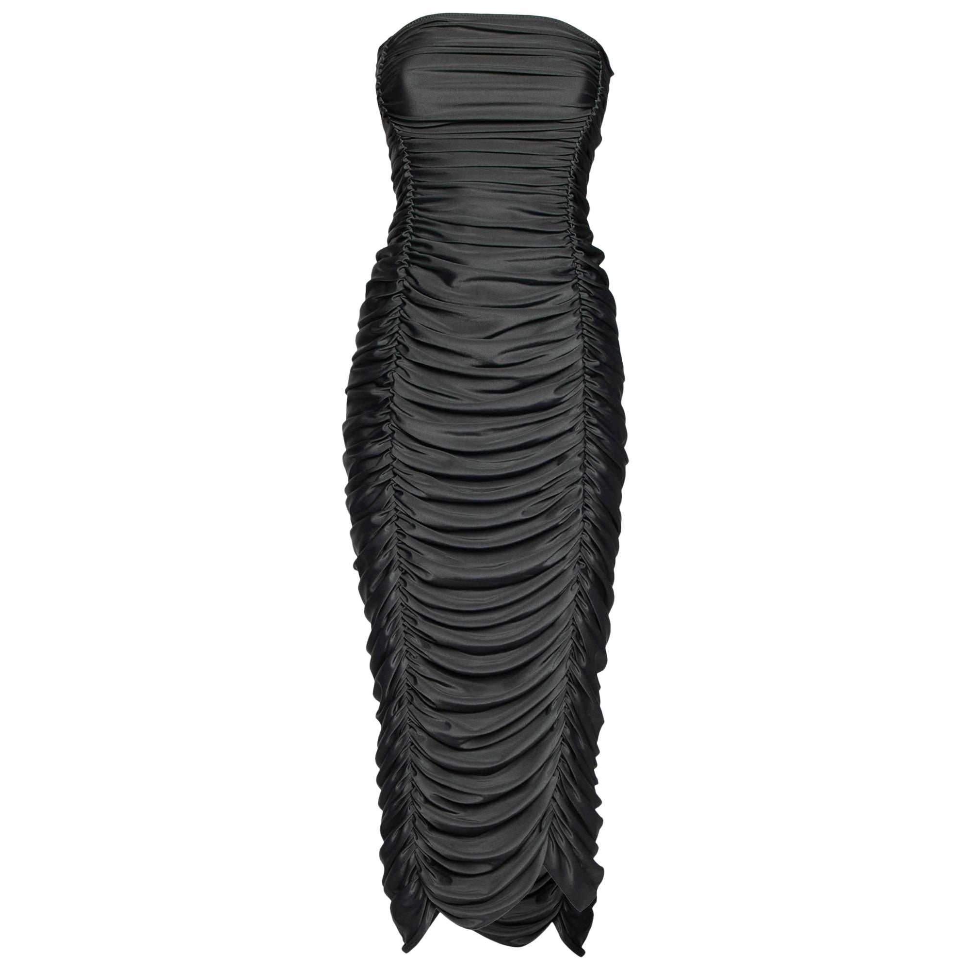 Norma Kamali Grey Stretch Knit Ruched Strapless Midi Dress L For Sale
