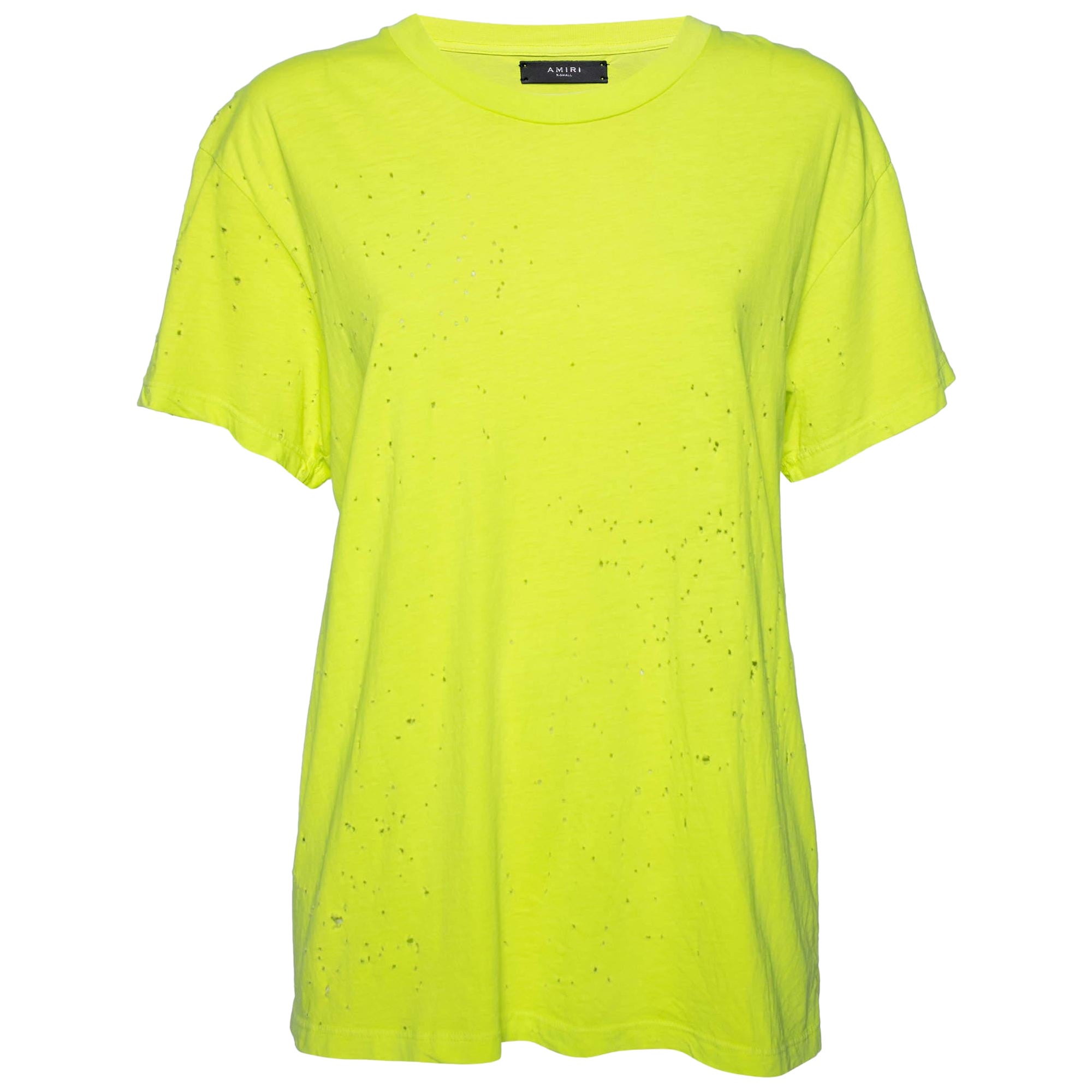Amiri Neon Green Cotton Distressed Finish Crew Neck Short Sleeve Top S