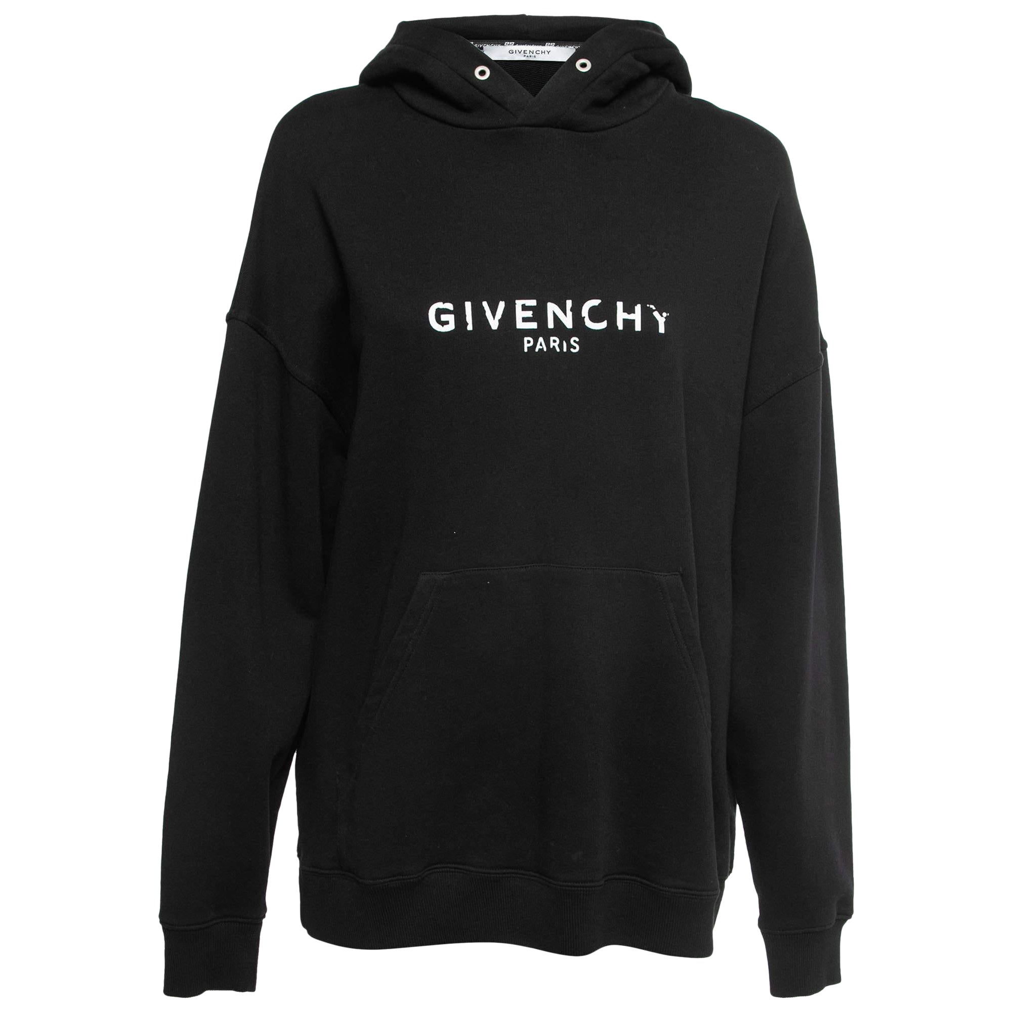 Givenchy Black Cotton Faded Logo Print Hooded Sweatshirt M For Sale