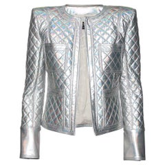 Balmain Silver Holographic Quilted Open Front Jacket M