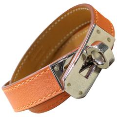 Hermes Orange Kelly Double Tour Leather Bracelet In Silver Toned Hardware 