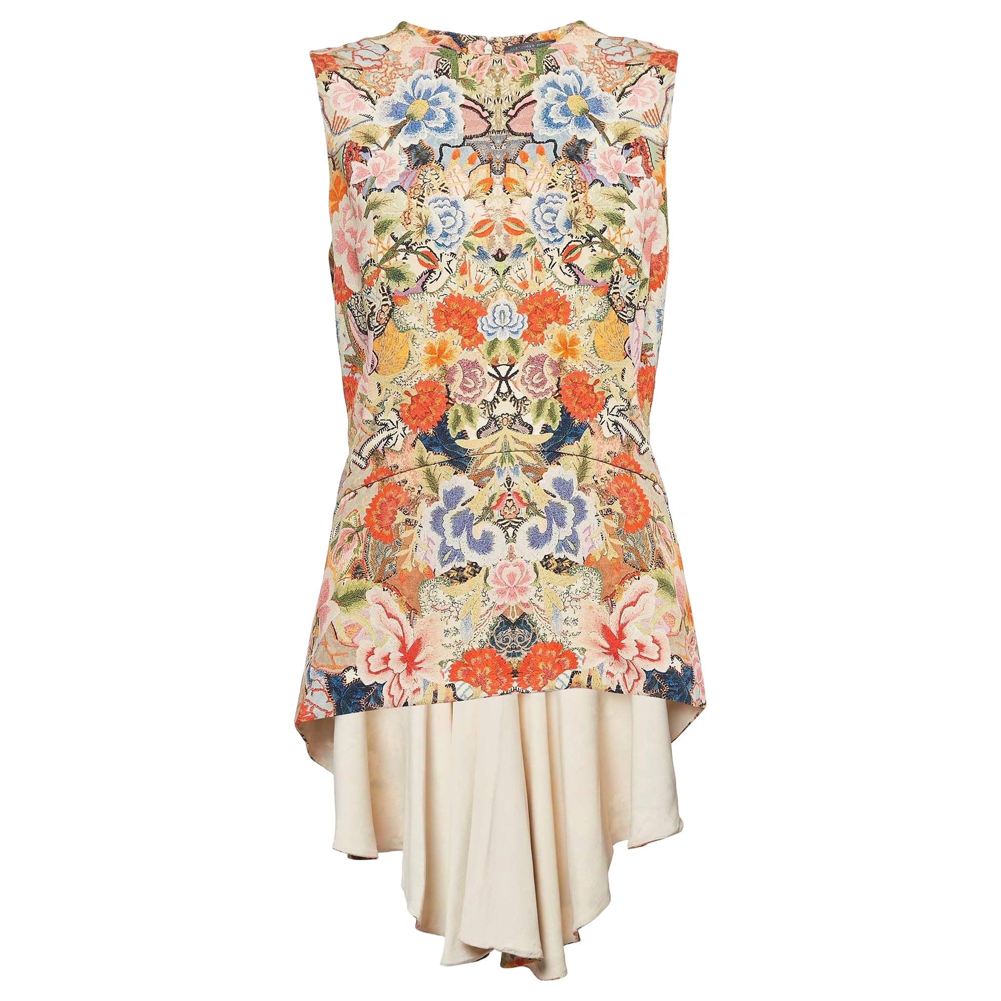 Alexander McQueen Mehrfarbiges Tunika-Top aus Krepp mit Blumendruck und Krepp, M